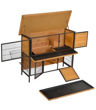 Jaula para Conejos con Techo Asfáltico Abatible Puertas con Pestillo Bandejas Extraíbles 122x50x101 cm Natural y Negro