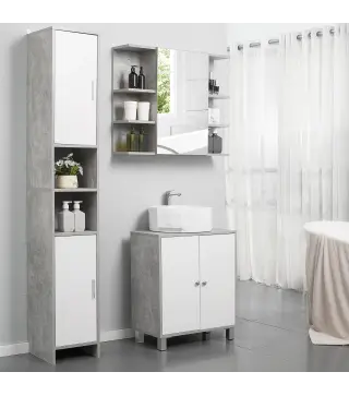 Mueble Columna Almacenamiento Baño dimensiones 30x30x180 cm 2 armarios con estante 2 nichos Paneles Partículas Efecto Cemento