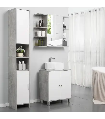 Mueble Columna Almacenamiento Baño dimensiones 30x30x180 cm 2 armarios con estante 2 nichos Paneles Partículas Efecto Cemento
