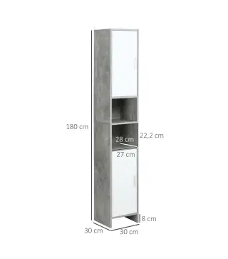 Mueble Columna Almacenamiento Baño dimensiones 30x30x180 cm 2 armarios con estante 2 nichos Paneles Partículas Efecto Cemento