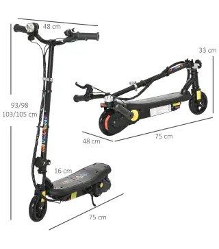 Patinete Eléctrico para Niños de 7-14 Años Plegable con Faro LED Rueda y Freno Velocidad Máxima de 12 km/h Negro