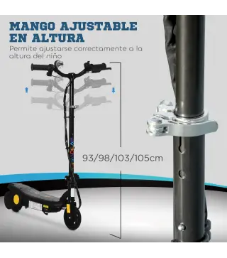 Patinete Eléctrico para Niños de 7-14 Años Plegable con Faro LED Rueda y Freno Velocidad Máxima de 12 km/h Negro