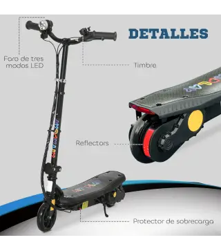 Patinete Eléctrico para Niños de 7-14 Años Plegable con Faro LED Rueda y Freno Velocidad Máxima de 12 km/h Negro