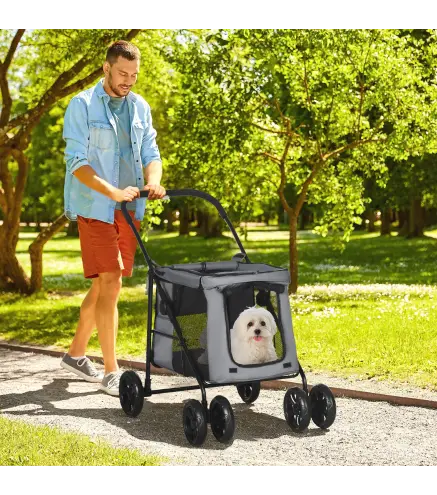 Carrito plegable para mascotas perros gatos cojín incluido ruedas con freno tela 600D Oxford 102x62x105 cm Gris