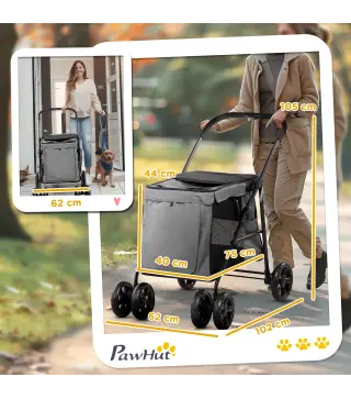 Carrito plegable para mascotas perros gatos cojín incluido ruedas con freno tela 600D Oxford 102x62x105 cm Gris