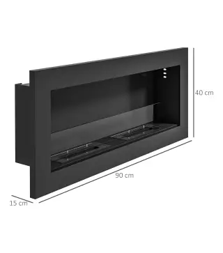 Chimenea de bioetanol mural empotrable quemador 2 x 0,85 L aprox. 3 h de duración de combustión 90 x 15 x 40 cm acero negro