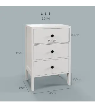 Conjunto de 2 mesitas de noche mesitas auxiliares 3 cajones para habitación de madera 40x30x64 cm Blanco