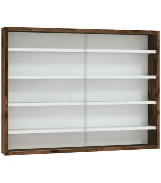 Vitrina de pared para objetos de colección 5 estantes ajustables en altura y 2 puertas correderas 80 x 9,5 x 60 cm marrón