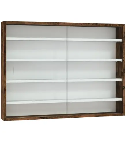 Vitrina de pared para objetos de colección 5 estantes ajustables en altura y 2 puertas correderas 80 x 9,5 x 60 cm marrón