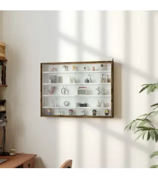 Vitrina de pared para objetos de colección 5 estantes ajustables en altura y 2 puertas correderas 80 x 9,5 x 60 cm marrón