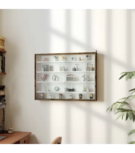 Vitrina de pared para objetos de colección 5 estantes ajustables en altura y 2 puertas correderas 80 x 9,5 x 60 cm marrón