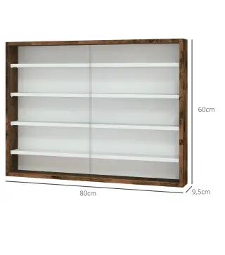 Vitrina de pared para objetos de colección 5 estantes ajustables en altura y 2 puertas correderas 80 x 9,5 x 60 cm marrón