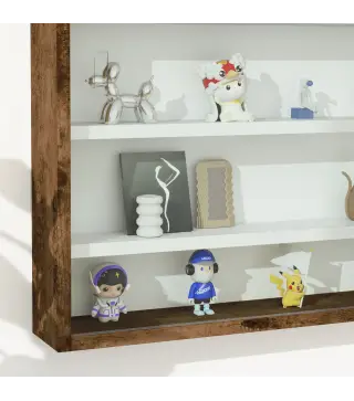 Vitrina de pared para objetos de colección 5 estantes ajustables en altura y 2 puertas correderas 80 x 9,5 x 60 cm marrón