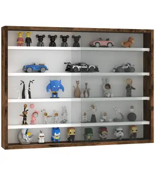 Vitrina de pared para objetos de colección 5 estantes ajustables en altura y 2 puertas correderas 80 x 9,5 x 60 cm marrón