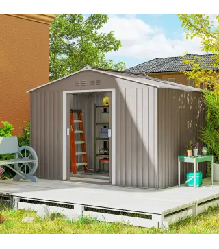 Cobertizo de Jardín 4,9 m² 277x195x192 cm con 2 Puertas Correderas Techo de Fibra de Vidrio y 4 Ventanas Gris Claro
