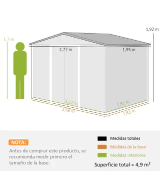 Cobertizo de Jardín 4,9 m² 277x195x192 cm con 2 Puertas Correderas Techo de Fibra de Vidrio y 4 Ventanas Gris Claro