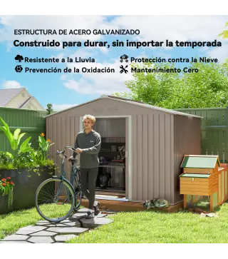 Cobertizo de Jardín 4,9 m² 277x195x192 cm con 2 Puertas Correderas Techo de Fibra de Vidrio y 4 Ventanas Gris Claro