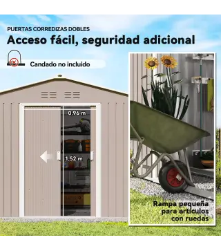 Cobertizo de Jardín 4,9 m² 277x195x192 cm con 2 Puertas Correderas Techo de Fibra de Vidrio y 4 Ventanas Gris Claro