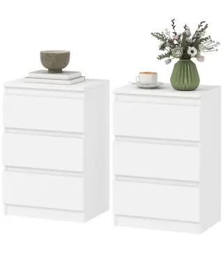 Mesita de Noche, Set de 2 Mesitas con 3 Cajones, Mesilla de Noche, Cómoda para Dormitorio, Sala de Estar, 40 x 30 x 59,5 cm, Bla