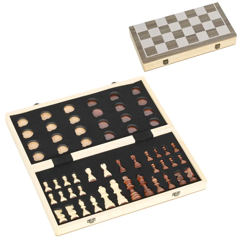 Juego de Ajedrez Internacional y Damas de Madera 2 en 1 Plegable con Piezas de Pino y Ranuras de Almacenamiento Nogal