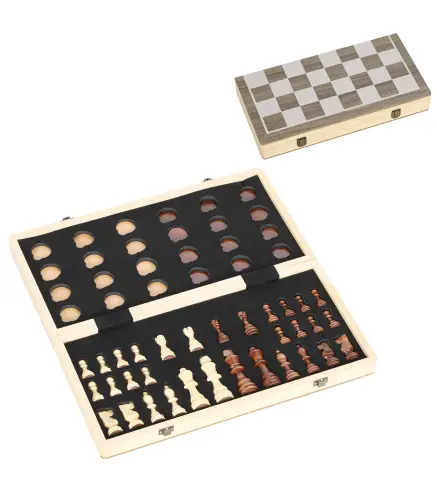 Juego de Ajedrez Internacional y Damas de Madera 2 en 1 Plegable con Piezas de Pino y Ranuras de Almacenamiento Nogal