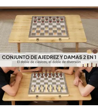 Juego de Ajedrez Internacional y Damas de Madera 2 en 1 Plegable con Piezas de Pino y Ranuras de Almacenamiento Nogal