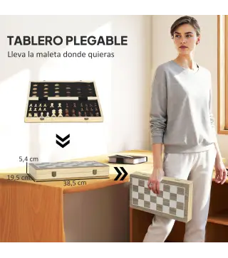 Juego de Ajedrez Internacional y Damas de Madera 2 en 1 Plegable con Piezas de Pino y Ranuras de Almacenamiento Nogal
