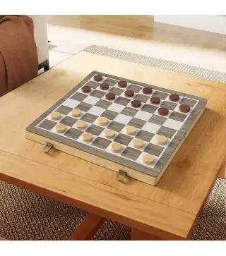 Juego de Ajedrez Internacional y Damas de Madera 2 en 1 Plegable con Piezas de Pino y Ranuras de Almacenamiento Nogal