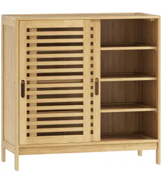Zapatero con 2 Puertas Correderas de Lamas Estantes Ajustables para 16 Pares de Zapatos 80x35x80 cm Natural