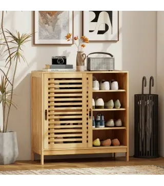 Zapatero con 2 Puertas Correderas de Lamas Estantes Ajustables para 16 Pares de Zapatos 80x35x80 cm Natural