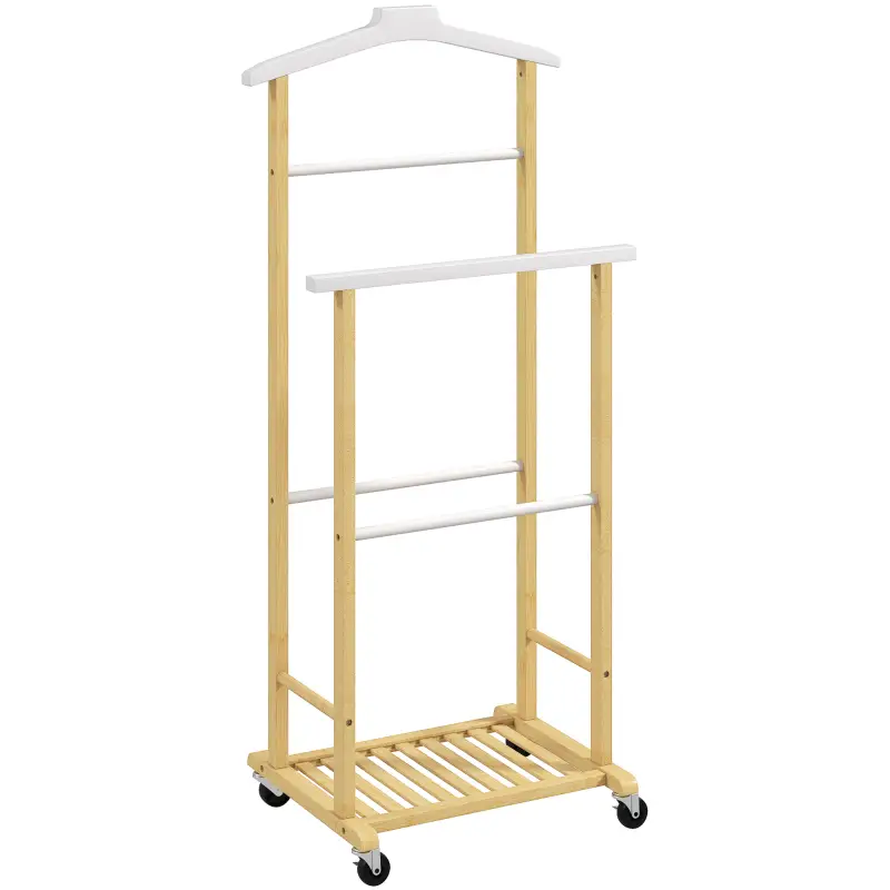 Galán de Noche Bambú con Ruedas Percha Superior Barras para Pantalones y Balda Inferior para zapatos Natural y Blanco Galán de Noche Bambú con Ruedas Percha Superior Barras para Pantalones y Balda Inferior para zapatos Natural y Blanco