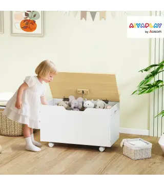 Baúl Juguetes Infantil con Ruedas Tapa Abatible con Bisagra de Seguridad Diseño de Nube Blanco y Natural
