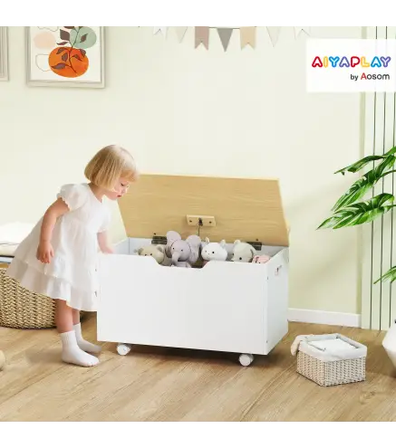 Baúl Juguetes Infantil con Ruedas Tapa Abatible con Bisagra de Seguridad Diseño de Nube Blanco y Natural