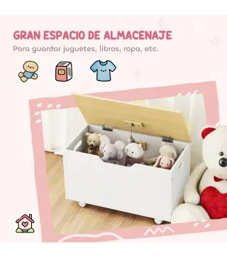 Baúl Juguetes Infantil con Ruedas Tapa Abatible con Bisagra de Seguridad Diseño de Nube Blanco y Natural