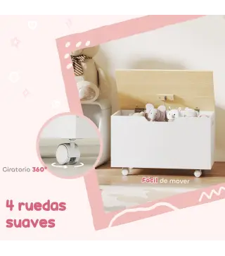 Baúl Juguetes Infantil con Ruedas Tapa Abatible con Bisagra de Seguridad Diseño de Nube Blanco y Natural