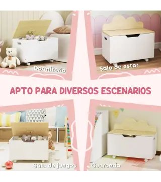 Baúl Juguetes Infantil con Ruedas Tapa Abatible con Bisagra de Seguridad Diseño de Nube Blanco y Natural