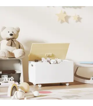 Baúl Juguetes Infantil con Ruedas Tapa Abatible con Bisagra de Seguridad Diseño de Nube Blanco y Natural