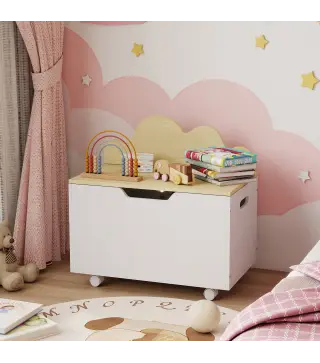 Baúl Juguetes Infantil con Ruedas Tapa Abatible con Bisagra de Seguridad Diseño de Nube Blanco y Natural