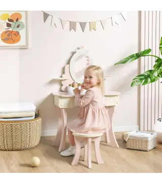 Tocador para Niñas 2 en 1 Escritorio con Taburete Espejo Cajón 7 Accesorios para Niños a Partir de 3 Años Rosa
