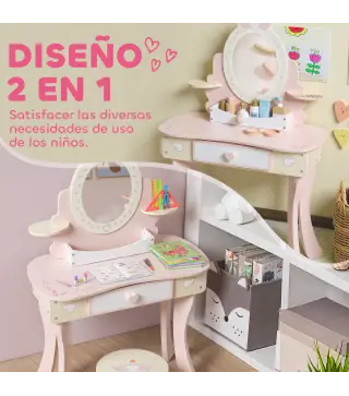 Tocador para Niñas 2 en 1 Escritorio con Taburete Espejo Cajón 7 Accesorios para Niños a Partir de 3 Años Rosa