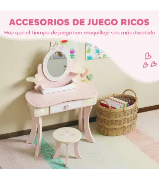 Tocador para Niñas 2 en 1 Escritorio con Taburete Espejo Cajón 7 Accesorios para Niños a Partir de 3 Años Rosa