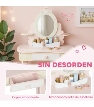 Tocador para Niñas 2 en 1 Escritorio con Taburete Espejo Cajón 7 Accesorios para Niños a Partir de 3 Años Rosa