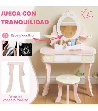 Tocador para Niñas 2 en 1 Escritorio con Taburete Espejo Cajón 7 Accesorios para Niños a Partir de 3 Años Rosa