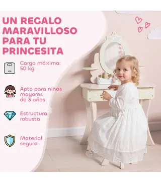 Tocador para Niñas 2 en 1 Escritorio con Taburete Espejo Cajón 7 Accesorios para Niños a Partir de 3 Años Rosa