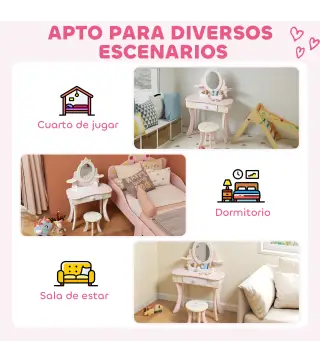 Tocador para Niñas 2 en 1 Escritorio con Taburete Espejo Cajón 7 Accesorios para Niños a Partir de 3 Años Rosa