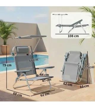 Silla lounge para exterior, tumbona plegable reclinable con 6 posiciones.