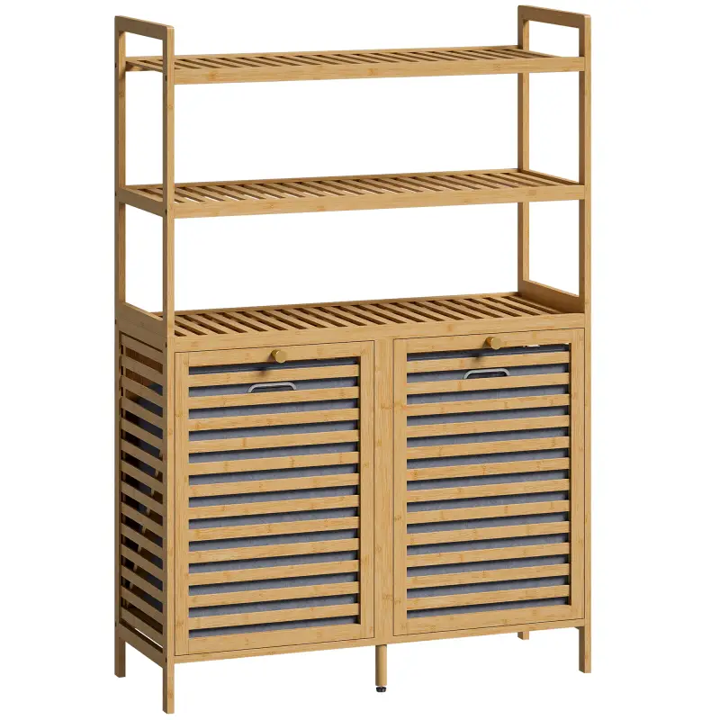 Mueble Ropa Sucia de Bambú con 2 Cestos para Ropa Sucia Inclinables 38,7 L y 3 Estantes 80x30x118 cm Roble