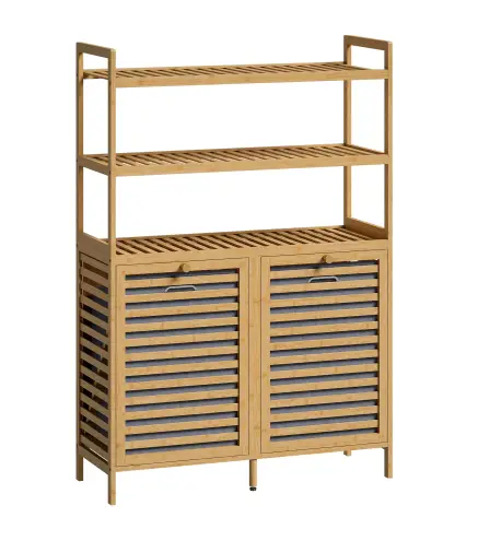 Mueble Ropa Sucia de Bambú con 2 Cestos para Ropa Sucia Inclinables 38,7 L y 3 Estantes 80x30x118 cm Roble