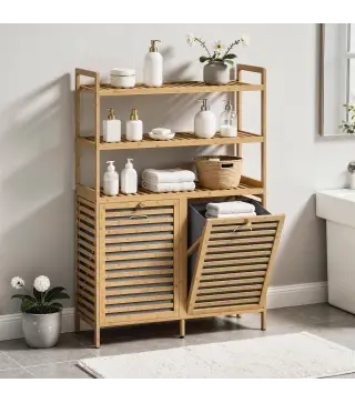 Mueble Ropa Sucia de Bambú con 2 Cestos para Ropa Sucia Inclinables 38,7 L y 3 Estantes 80x30x118 cm Roble