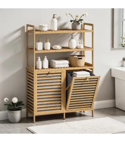 Mueble Ropa Sucia de Bambú con 2 Cestos para Ropa Sucia Inclinables 38,7 L y 3 Estantes 80x30x118 cm Roble